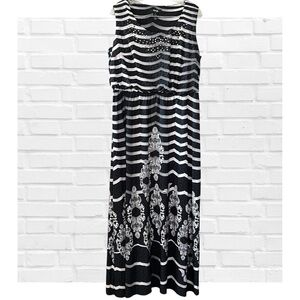 Style & Co Empire Waist Maxi Dress Black & White Metallic Stud Women’s 1X Floral